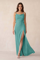 Sheath Satin Bridesmaid Dress with Side Slit in Pale Pistachio - KISS BRIDAL Bridesmaid Dresses
