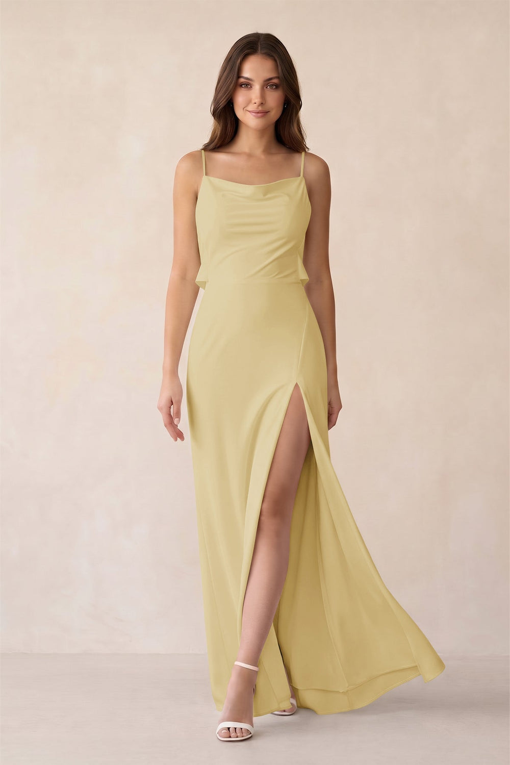 Sheath Satin Bridesmaid Dress with Side Slit in Pastel Yellow - KISS BRIDAL Bridesmaid Dresses
