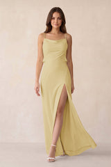 Sheath Satin Bridesmaid Dress with Side Slit in Pastel Yellow - KISS BRIDAL Bridesmaid Dresses