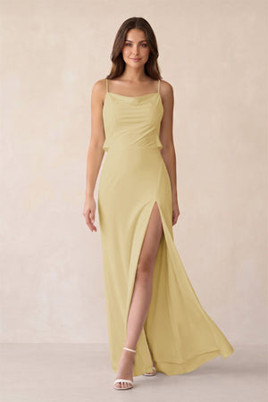 Sheath Satin Bridesmaid Dress with Side Slit in Pastel Yellow - KISS BRIDAL Bridesmaid Dresses