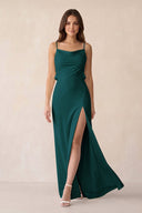 Sheath Satin Bridesmaid Dress with Side Slit in Pine - KISS BRIDAL Bridesmaid Dresses