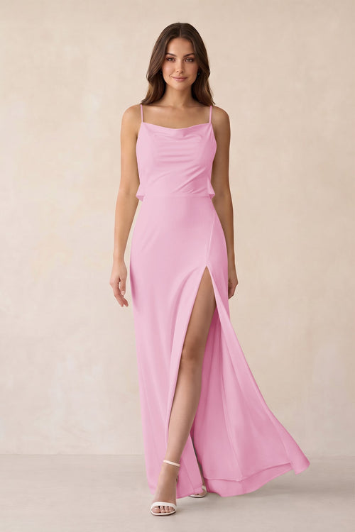 Sheath Satin Bridesmaid Dress with Side Slit in Pink - KISS BRIDAL Bridesmaid Dresses