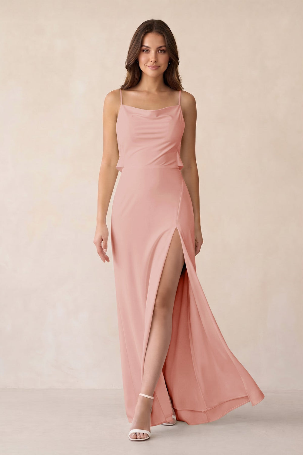 Sheath Satin Bridesmaid Dress with Side Slit in Rose Petal - KISS BRIDAL Bridesmaid Dresses