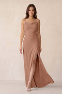 Sheath Satin Bridesmaid Dress with Side Slit in Rosette - KISS BRIDAL Bridesmaid Dresses