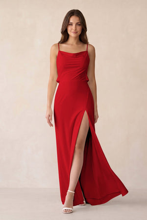 Sheath Satin Bridesmaid Dress with Side Slit in Ruby Red - KISS BRIDAL Bridesmaid Dresses