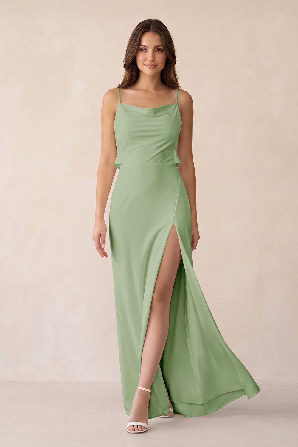 Sheath Satin Bridesmaid Dress with Side Slit in Sage - KISS BRIDAL Bridesmaid Dresses