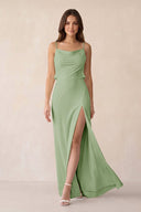 Sheath Satin Bridesmaid Dress with Side Slit in Sage - KISS BRIDAL Bridesmaid Dresses