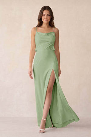 Sheath Satin Bridesmaid Dress with Side Slit in Sage - KISS BRIDAL Bridesmaid Dresses
