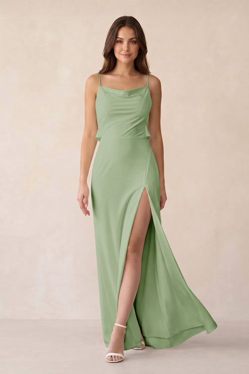 Sheath Satin Bridesmaid Dress with Side Slit in Sage - KISS BRIDAL Bridesmaid Dresses