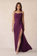 Sheath Satin Bridesmaid Dress with Side Slit in Sangria - KISS BRIDAL Bridesmaid Dresses