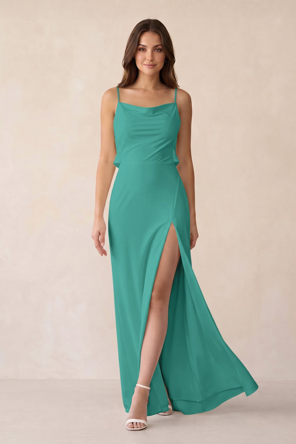Sheath Satin Bridesmaid Dress with Side Slit in Sea Glass - KISS BRIDAL Bridesmaid Dresses