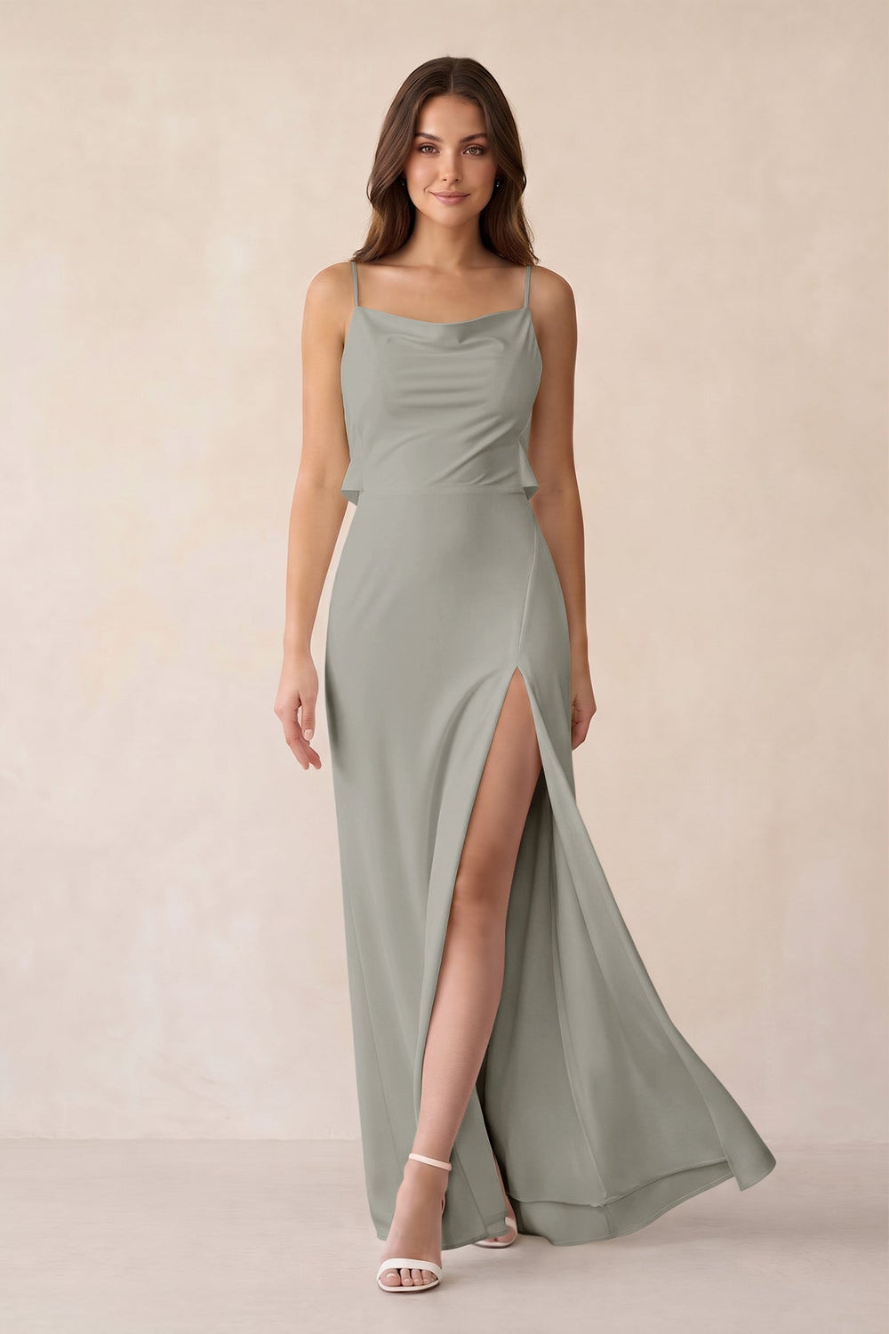 Sheath Satin Bridesmaid Dress with Side Slit in Silver - KISS BRIDAL Bridesmaid Dresses