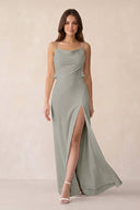 Sheath Satin Bridesmaid Dress with Side Slit in Silver - KISS BRIDAL Bridesmaid Dresses