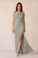 Sheath Satin Bridesmaid Dress with Side Slit in Silver - KISS BRIDAL Bridesmaid Dresses