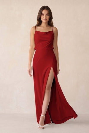 Sheath Satin Bridesmaid Dress with Side Slit in Spice - KISS BRIDAL Bridesmaid Dresses