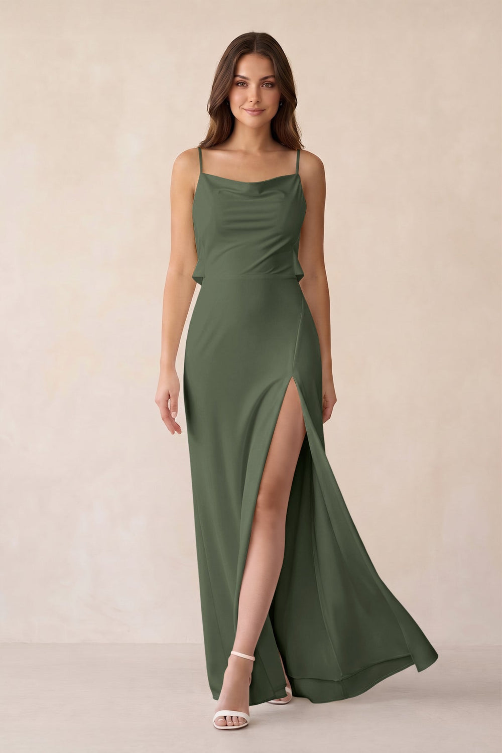 Sheath Satin Bridesmaid Dress with Side Slit in Thyme - KISS BRIDAL Bridesmaid Dresses