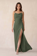 Sheath Satin Bridesmaid Dress with Side Slit in Thyme - KISS BRIDAL Bridesmaid Dresses