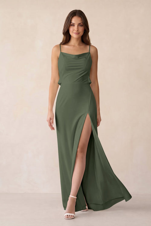 Sheath Satin Bridesmaid Dress with Side Slit in Thyme - KISS BRIDAL Bridesmaid Dresses