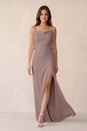 Sheath Satin Bridesmaid Dress with Side Slit in Toffee - KISS BRIDAL Bridesmaid Dresses