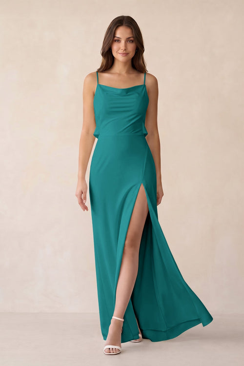 Sheath Satin Bridesmaid Dress with Side Slit in Turquoise - KISS BRIDAL Bridesmaid Dresses