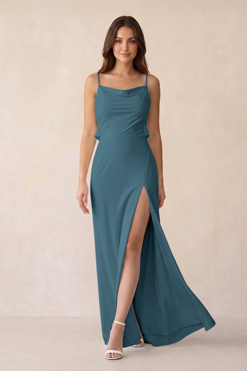 Sheath Satin Bridesmaid Dress with Side Slit in Twilight - KISS BRIDAL Bridesmaid Dresses