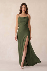 Sheath Satin Bridesmaid Dress with Side Slit in Willow Green - KISS BRIDAL Bridesmaid Dresses