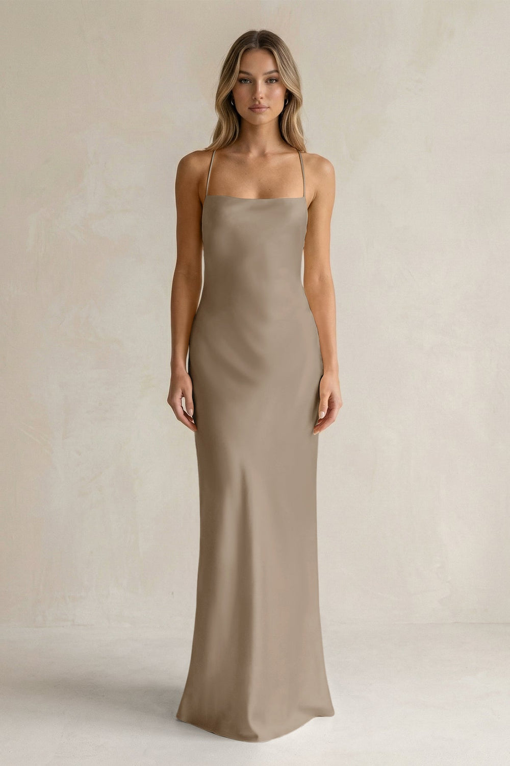 Sheath Satin Spaghetti Strap Bridesmaid Dress in Almond - KISS BRIDAL Bridesmaid Dresses