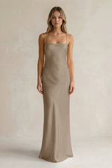 Sheath Satin Spaghetti Strap Bridesmaid Dress in Almond - KISS BRIDAL Bridesmaid Dresses