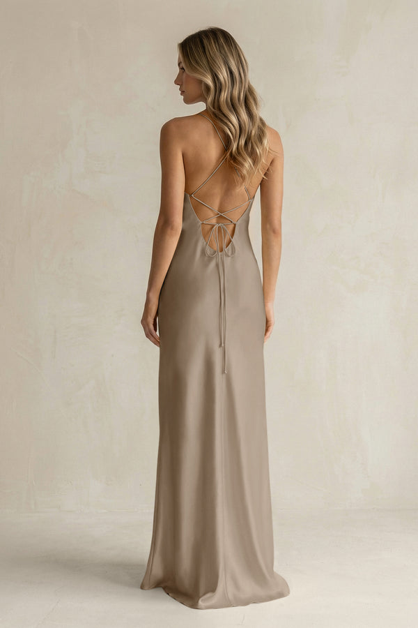 Sheath Satin Spaghetti Strap Bridesmaid Dress in Almond - KISS BRIDAL Bridesmaid Dresses