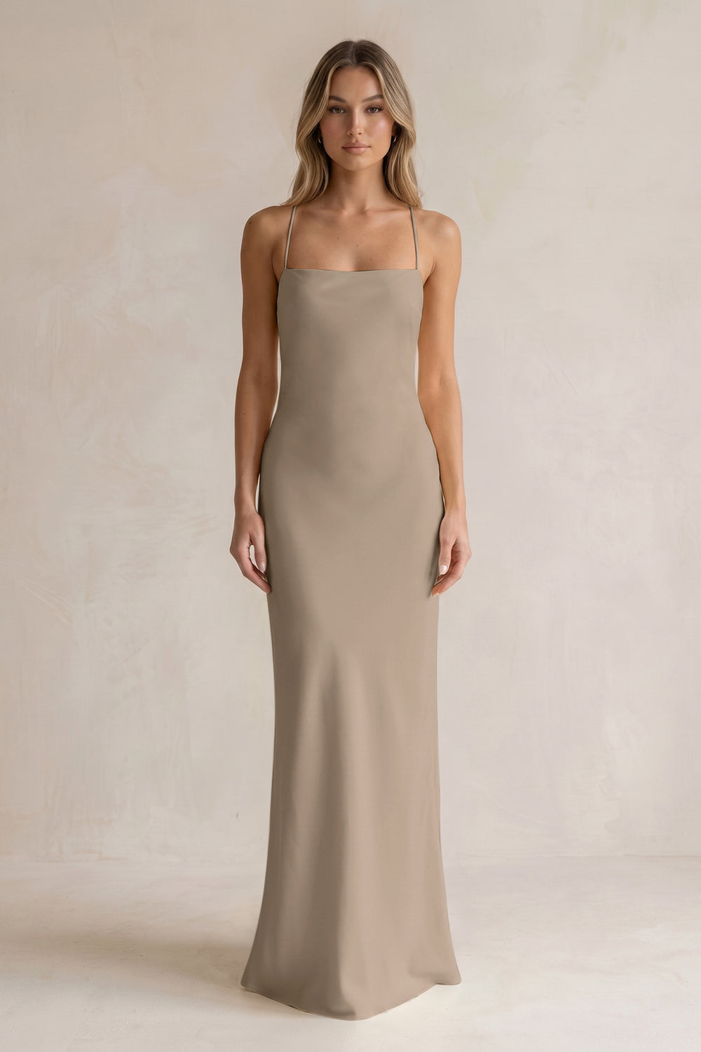 Sheath Satin Spaghetti Strap Bridesmaid Dress in Almond