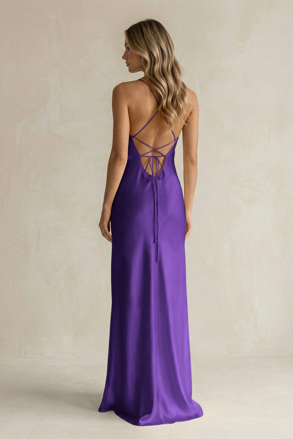 Sheath Satin Spaghetti Strap Bridesmaid Dress in Amethyst - KISS BRIDAL Bridesmaid Dresses