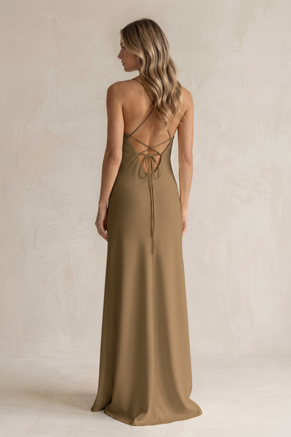 Sheath Satin Spaghetti Strap Bridesmaid Dress in Apple Cinnamon (2) | KISSBRIDAL