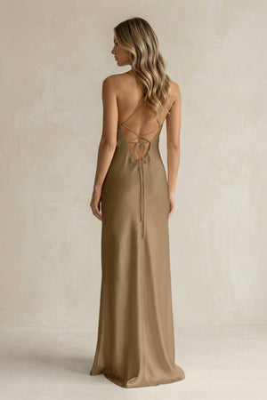 Sheath Satin Spaghetti Strap Bridesmaid Dress in Apple Cinnamon - KISS BRIDAL Bridesmaid Dresses