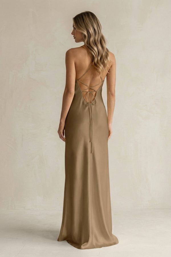 Sheath Satin Spaghetti Strap Bridesmaid Dress in Apple Cinnamon - KISS BRIDAL Bridesmaid Dresses