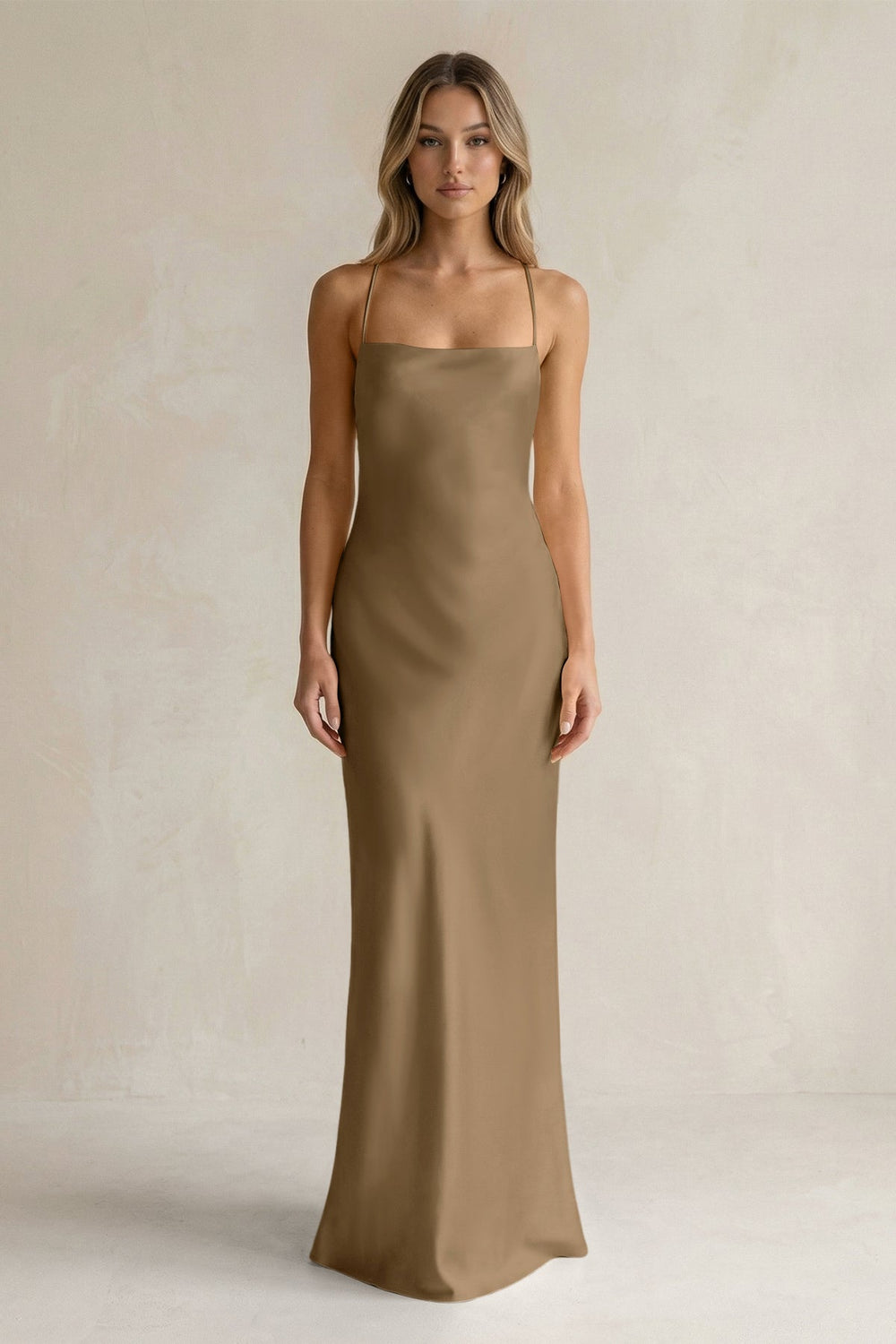 Sheath Satin Spaghetti Strap Bridesmaid Dress in Apple Cinnamon - KISS BRIDAL Bridesmaid Dresses