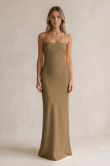 Sheath Satin Spaghetti Strap Bridesmaid Dress in Apple Cinnamon | KISSBRIDAL