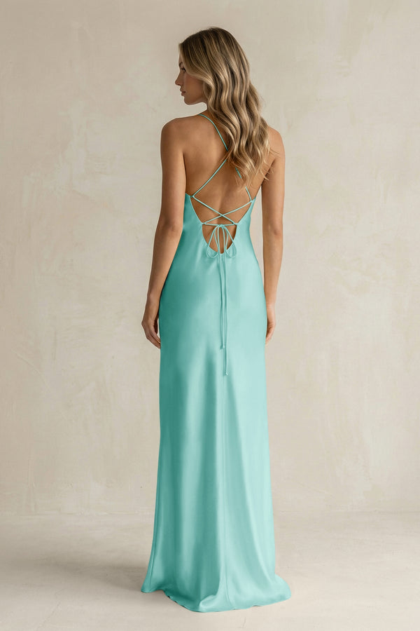 Sheath Satin Spaghetti Strap Bridesmaid Dress in Aqua - KISS BRIDAL Bridesmaid Dresses