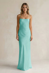 Sheath Satin Spaghetti Strap Bridesmaid Dress in Aqua - KISS BRIDAL Bridesmaid Dresses