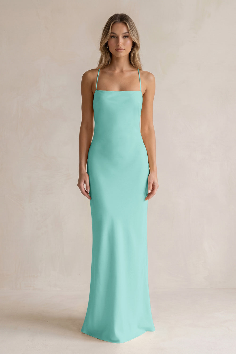 Sheath Satin Spaghetti Strap Bridesmaid Dress in Aqua
