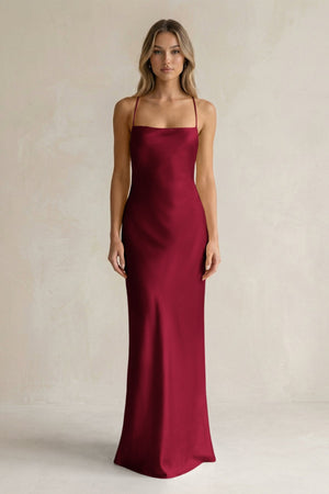 Sheath Satin Spaghetti Strap Bridesmaid Dress in Berry - KISS BRIDAL Bridesmaid Dresses