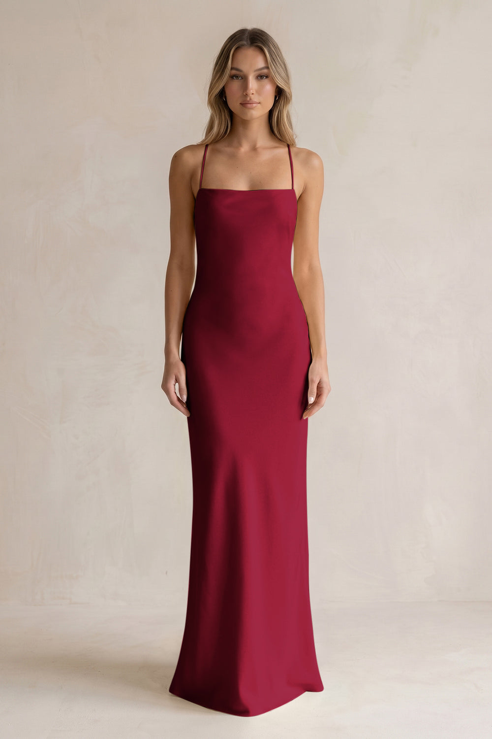 Sheath Satin Spaghetti Strap Bridesmaid Dress in Berry