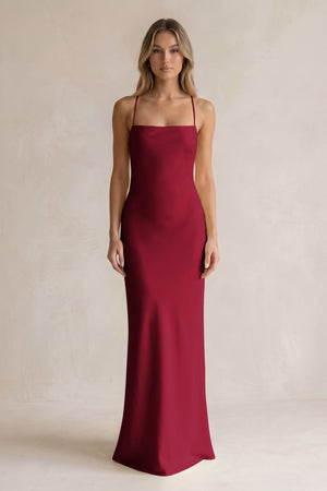 Sheath Satin Spaghetti Strap Bridesmaid Dress in Berry | KISSBRIDAL