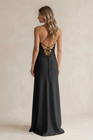 Sheath Satin Spaghetti Strap Bridesmaid Dress in Black (2) | KISSBRIDAL
