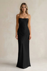 Sheath Satin Spaghetti Strap Bridesmaid Dress in Black - KISS BRIDAL Bridesmaid Dresses