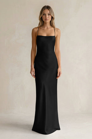 Sheath Satin Spaghetti Strap Bridesmaid Dress in Black - KISS BRIDAL Bridesmaid Dresses