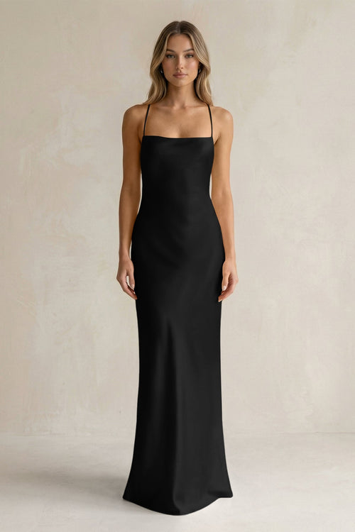Sheath Satin Spaghetti Strap Bridesmaid Dress in Black - KISS BRIDAL Bridesmaid Dresses