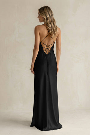 Sheath Satin Spaghetti Strap Bridesmaid Dress in Black - KISS BRIDAL Bridesmaid Dresses