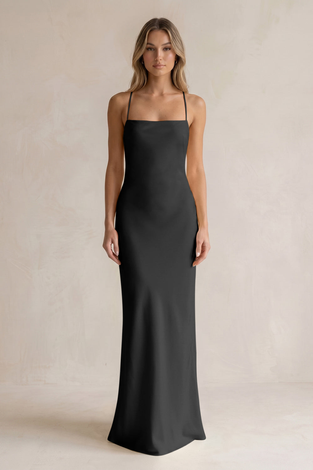 Sheath Satin Spaghetti Strap Bridesmaid Dress in Black