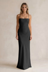 Sheath Satin Spaghetti Strap Bridesmaid Dress in Black | KISSBRIDAL