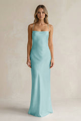 Sheath Satin Spaghetti Strap Bridesmaid Dress in Bleached Aqua - KISS BRIDAL Bridesmaid Dresses